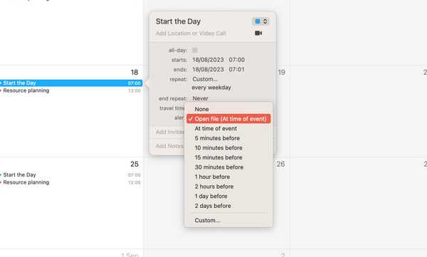 Screenshot of a Mac calendar event that opens a file instead of alerting about an event