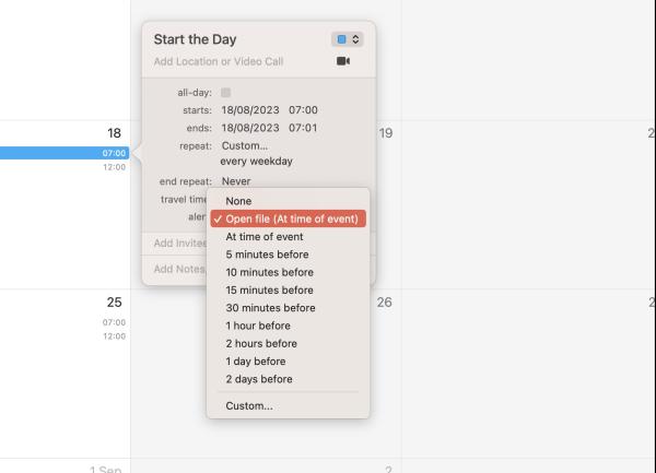 Screenshot of a Mac calendar event that opens a file instead of alerting about an event