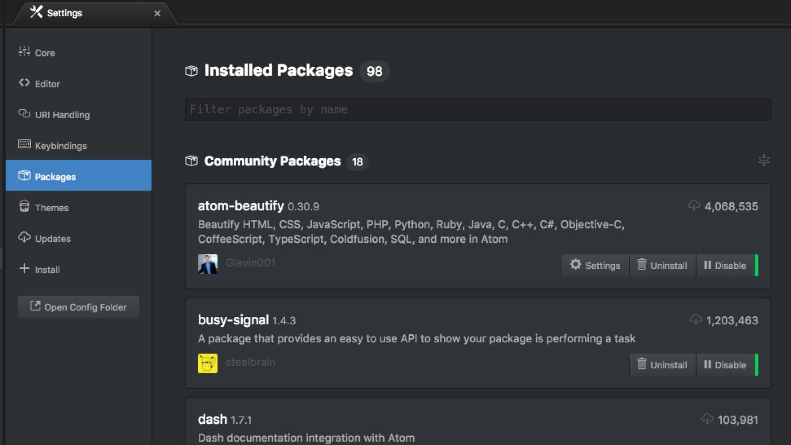 Atom Packages as at 28-12-2017