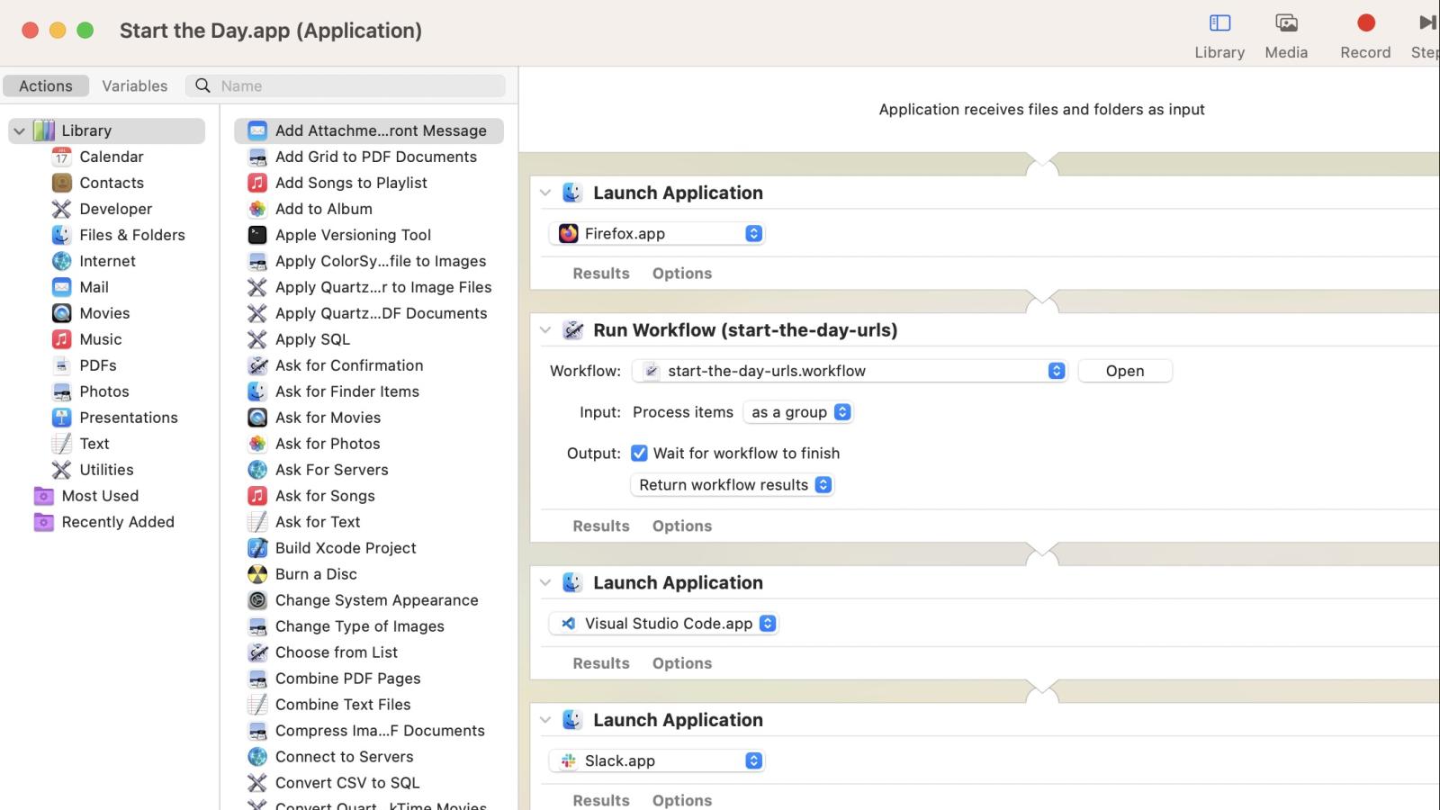 Screenshot of a Mac automator app that opens the apps I need to use each morning.