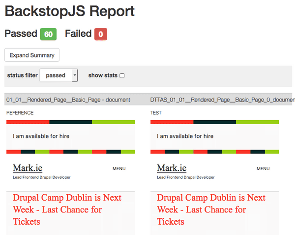 BackstopJS Regression Testing Report for Mark.ie