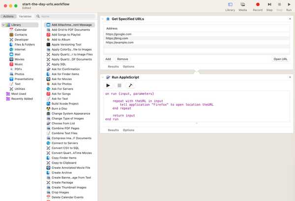Screenshot of an automator workflow that opens a list of URLs with Firefox