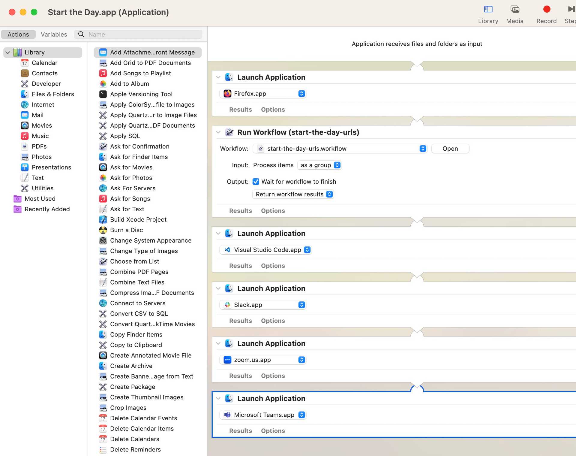 Screenshot of a Mac automator app that opens the apps I need to use each morning.