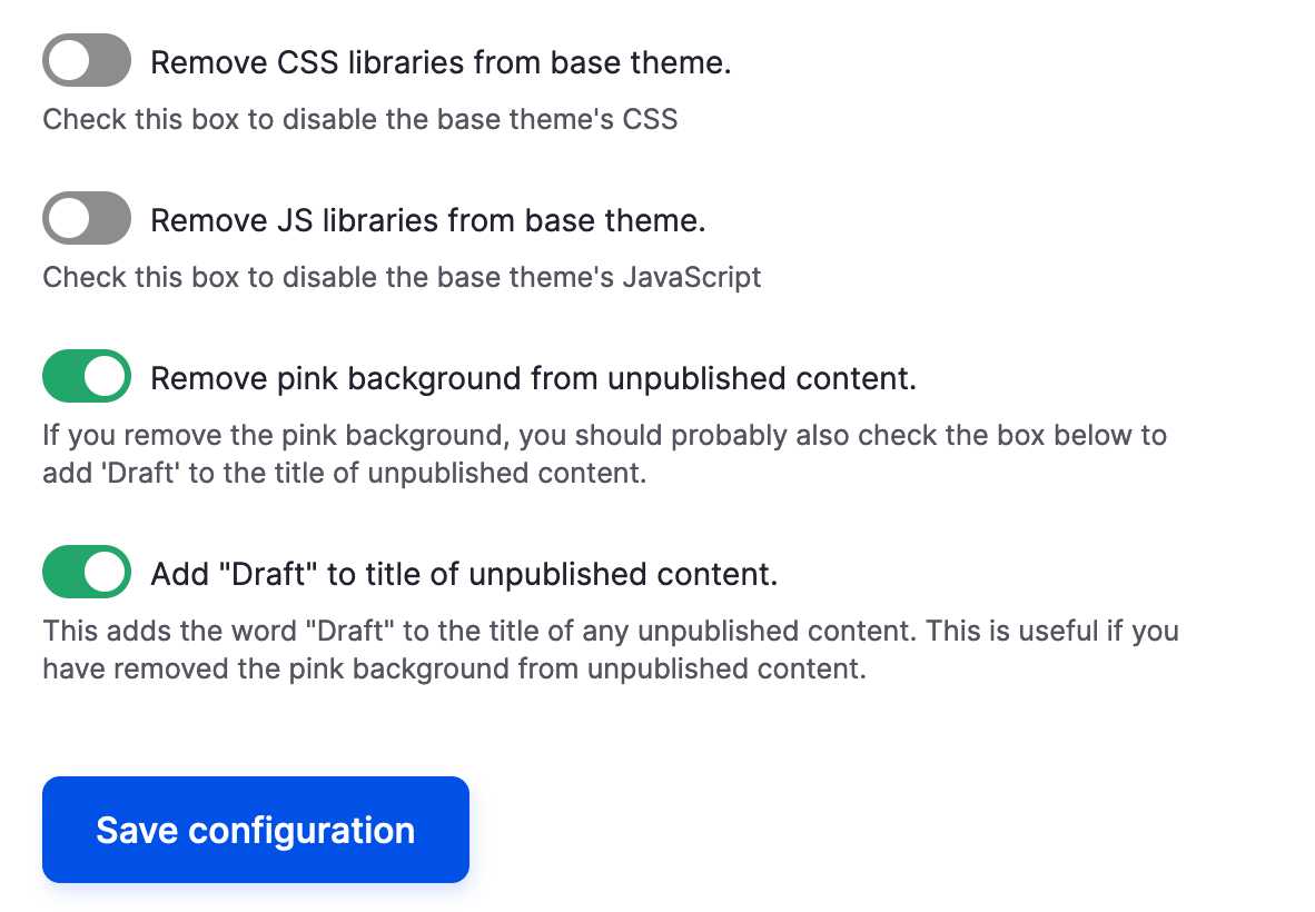 New theme Settings for Unpublished Content in a LocalGov Drupal website.