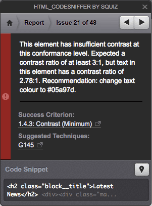 HTML Code Sniffer Colour Contrast Checker